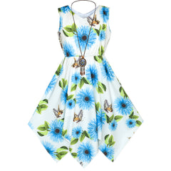 Girls Dress Blue Flower Hanky Hem With Necklace Size 7-14 Years