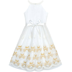 Girls Dress Gold Butterfly Embroidered Halter Dress Party Size 5-12 Years