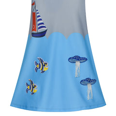 Girls Dress Gray Blue Embroidered Jellyfish Clownfish A-line Dress Size 4-10 Years