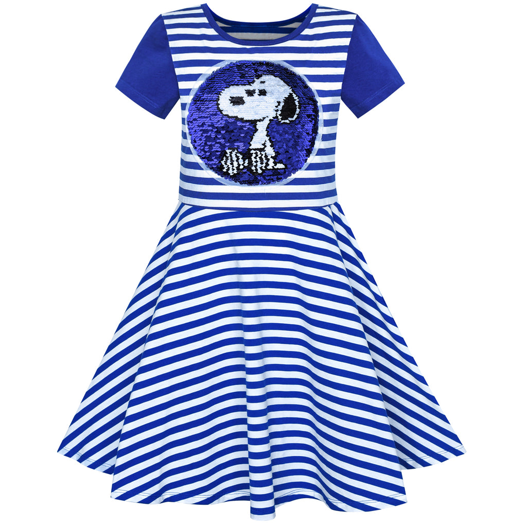 Girls Dress Navy Blue Cotton Dog Reversible Sequin Striped Size 7-14 Years