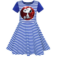 Girls Dress Navy Blue Cotton Dog Reversible Sequin Striped Size 7-14 Years