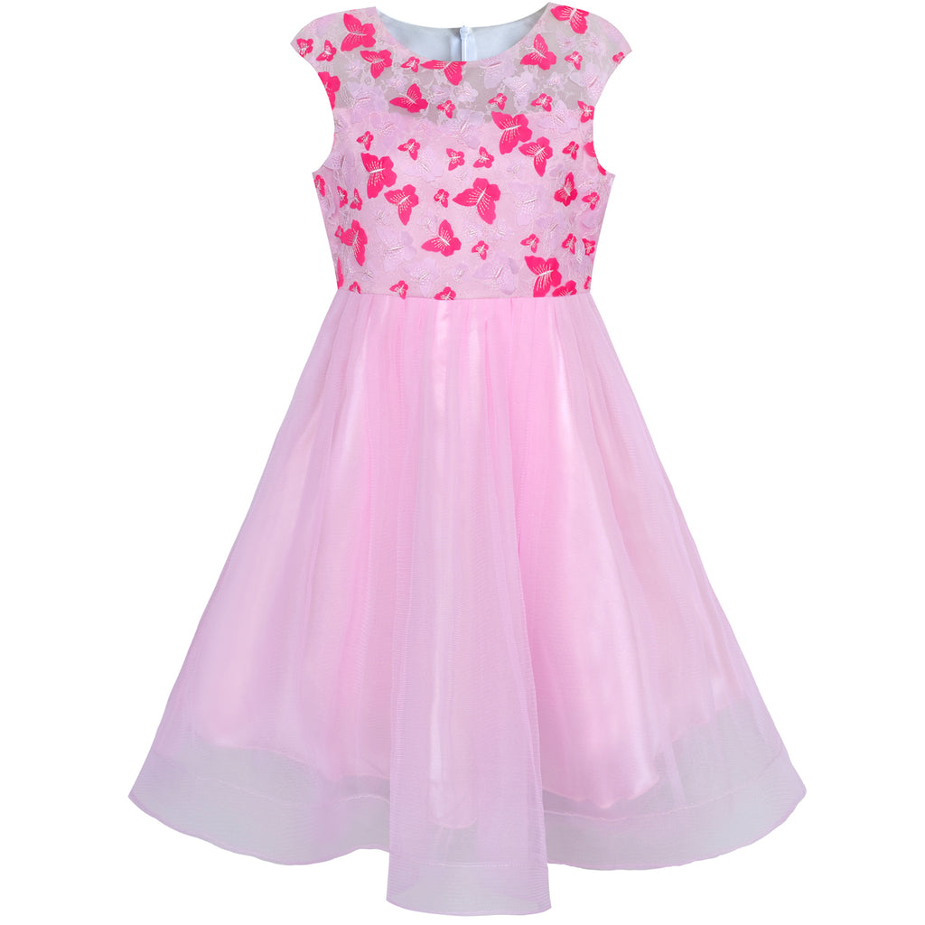 Flower Girl Dress Butterfly Pink Bridal Veil Wedding Bridesmaid Size 6-12 Years