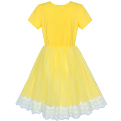 Girls Dress 2-in-1 Lace Yellow Short Sleeve Party Dress Size 5-10 Years