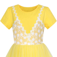 Girls Dress 2-in-1 Lace Yellow Short Sleeve Party Dress Size 5-10 Years