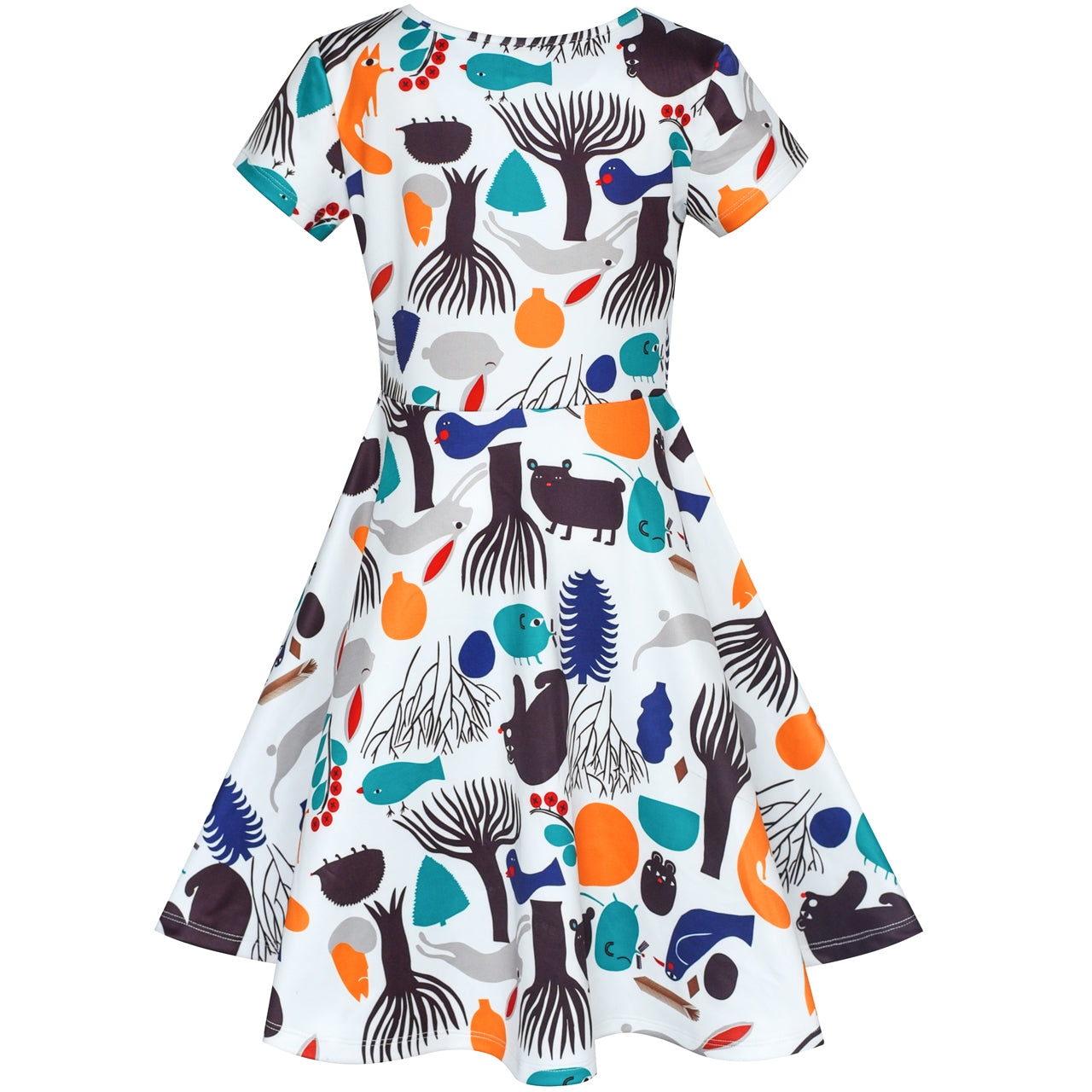 Girls Dress Tree Bird Bear Cartoon Short Sleeve Dress Size 3-12 Years