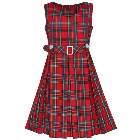 Girls Dress Red Tartan Button Back School Pleated Hem Size 6-14 Years