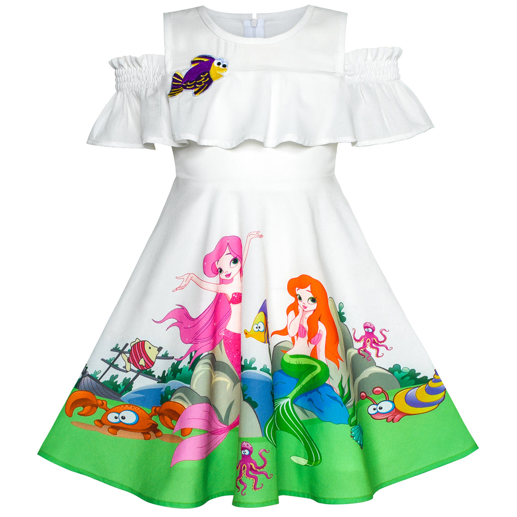 Girls Dress Mermaid Cartoon Princess Ruffle Collar Party Dress Size 2-8 Years