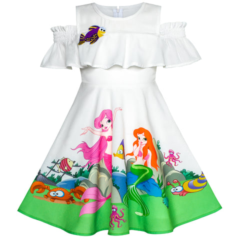 Girls Dress Mermaid Cartoon Princess Ruffle Collar Party Dress Size 2-8 Years