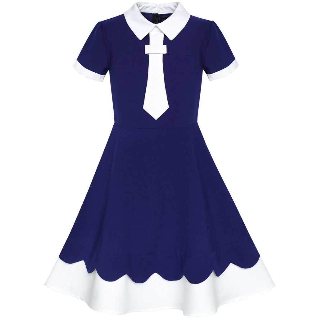 Girls Dress Back School Uniform Navy Blue White Collar Tie Short Sleeve Size 5-12 Years
