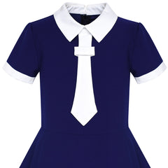 Girls Dress Back School Uniform Navy Blue White Collar Tie Short Sleeve Size 5-12 Years