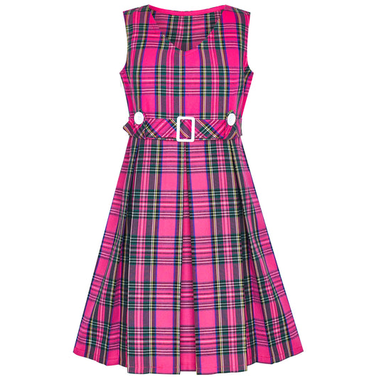 Girls Dress Pink Tartan Button Back School Pleated Hem Size 6-14 Years