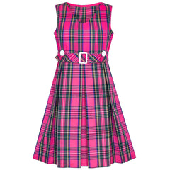 Girls Dress Pink Tartan Button Back School Pleated Hem Size 6-14 Years