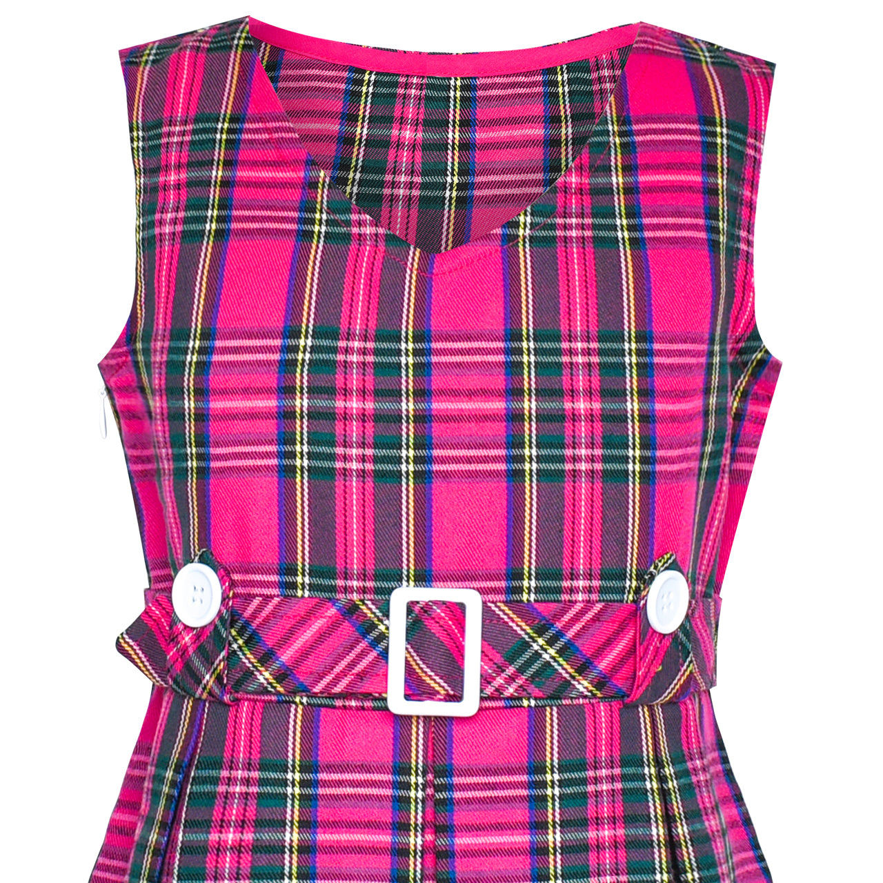 Girls Dress Pink Tartan Button Back School Pleated Hem Size 6-14 Years
