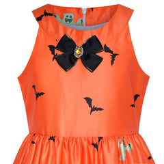Girls Dress Orange Halloween Witch Bat Pumpkin Costume Halter Dress Size 7-14 Years