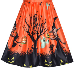 Girls Dress Orange Halloween Witch Bat Pumpkin Costume Halter Dress Size 7-14 Years