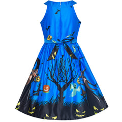 Girls Dress Royal Blue Halloween Witch Bat Pumpkin Costume Halter Dress Size 7-14 Years