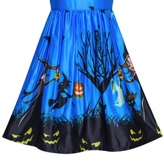 Girls Dress Royal Blue Halloween Witch Bat Pumpkin Costume Halter Dress Size 7-14 Years
