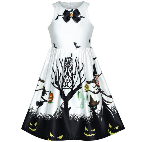 Girls Dress White Halloween Witch Bat Pumpkin Costume Halter Dress Size 7-14 Years