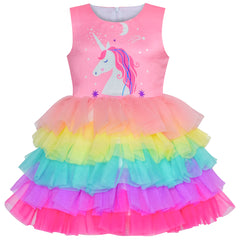 Girls Dress Pink Unicorn Ruffle Rainbow Cake Skirt Size 7-8 Years