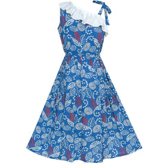 Girls Dress Navy Blue One Shoulder Floral Hi-low Party Dress Size 6-12 Years