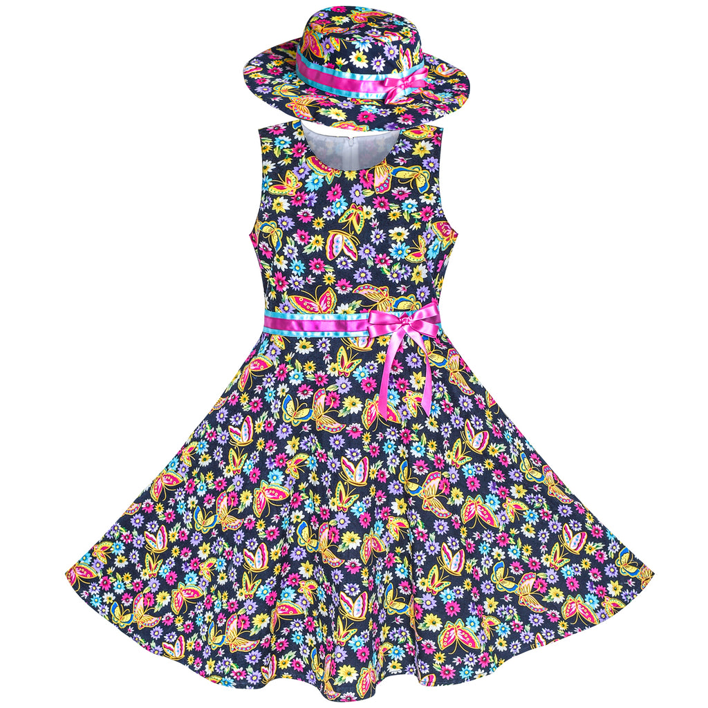 2 Pieces Girls Dress Purple Butterfly Sun Hat Bow Tie Flower Summer Size 4-12 Years