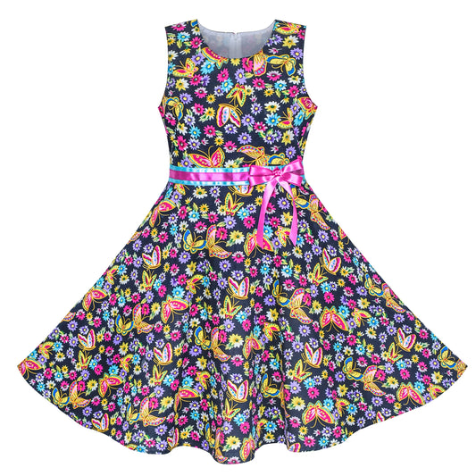 2 Pieces Girls Dress Purple Butterfly Sun Hat Bow Tie Flower Summer Size 4-12 Years