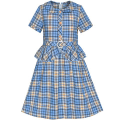 Girls Dress 2-in-1 Blue Tartan School Uniform Pleated Hem Belted  Size 5-12 Years