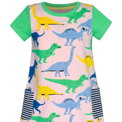 Girls Dress Cotton Green Crocodile Dinosaur Pocket Short Sleeve Size 5-10 Years