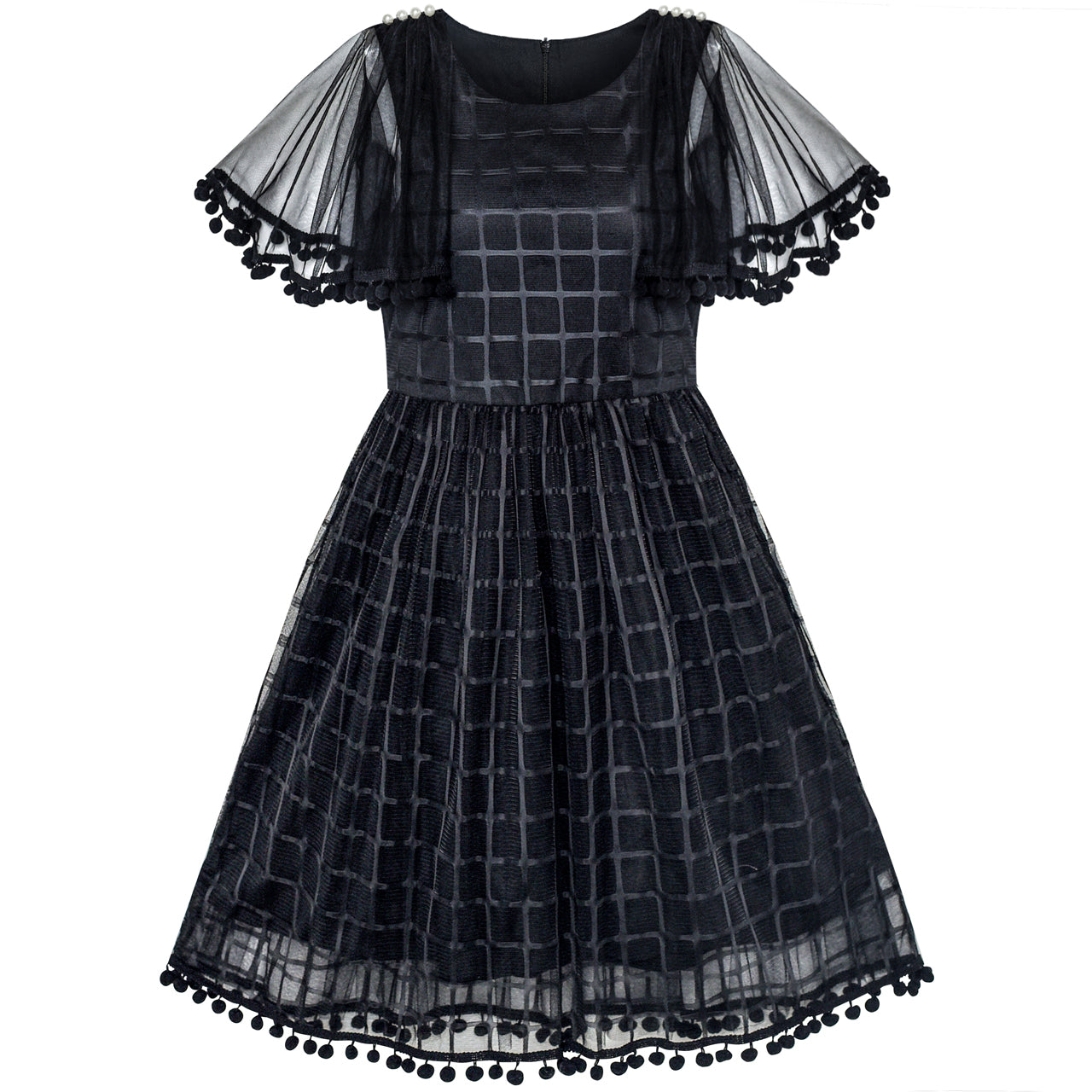 Girls Dress Black Tulle Cape Sleeve Plaid Tartan Party Size 5-12 Years