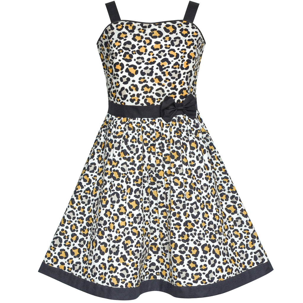 Girls Dress Leopard Print Bow Tie Summer Sundress Size 4-12 Years