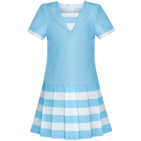 Girls Dress Blue Short Sleeve Pleated Skirt School Uniform Size 6-12 Years