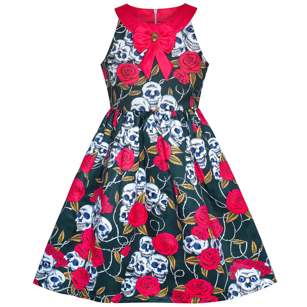 Girls Dress Halloween Skull Rose Blood Costume Halter Dress Size 7-14 Years