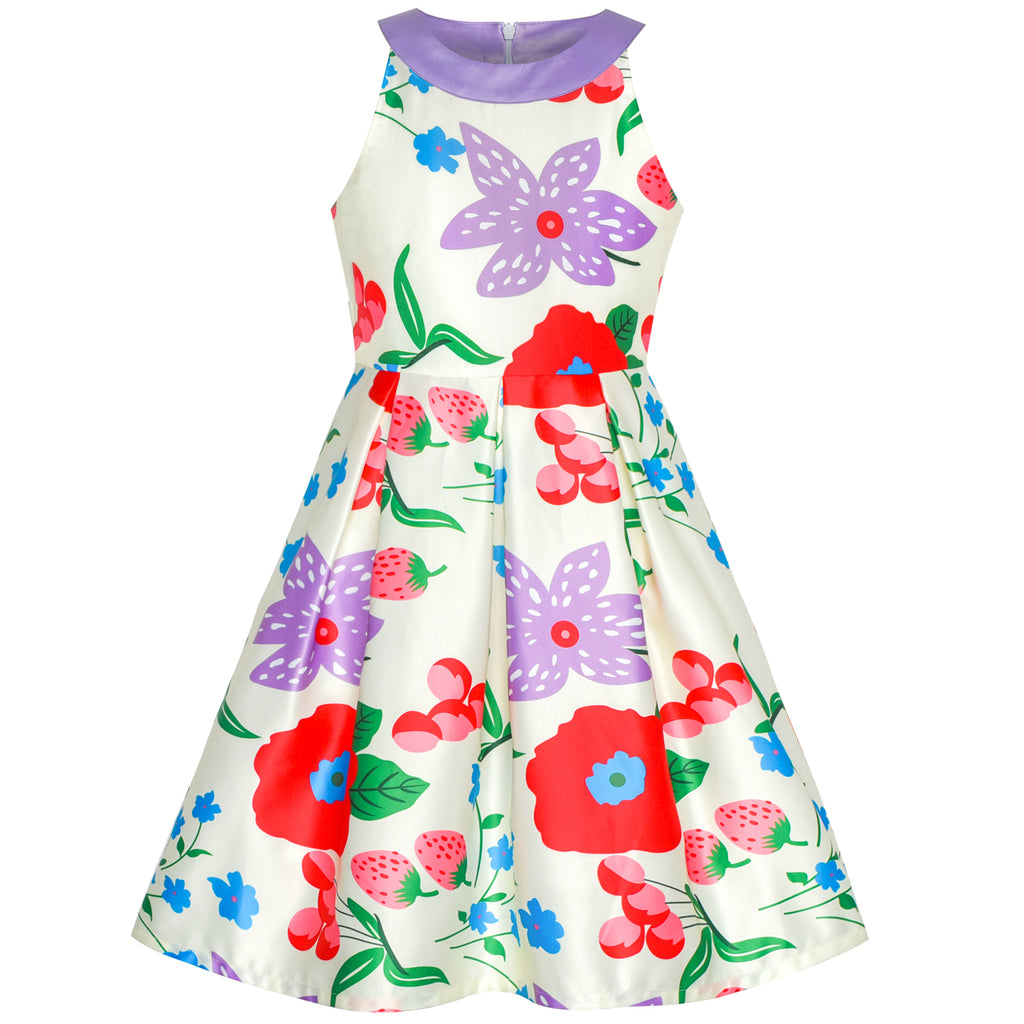 Girls Dress Purple Flower Strawberry Halter Flare Dress Party Size 6-12 Years