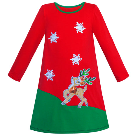 Girls Dress Long Sleeve Christmas Reindeer Snow Holiday Party Size 6-12 Years