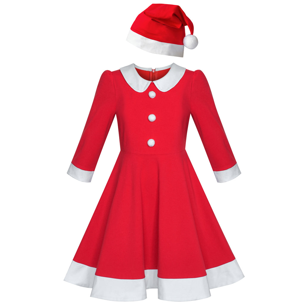 Girls Dress Christmas Santa Hat Long Sleeve Party New Year Size 5-10 Years