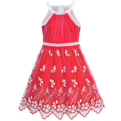 Girls Dress Red Butterfly Embroidered Halter Dress Size 5-12 Years