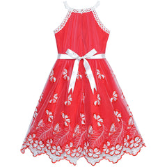 Girls Dress Red Butterfly Embroidered Halter Dress Size 5-12 Years