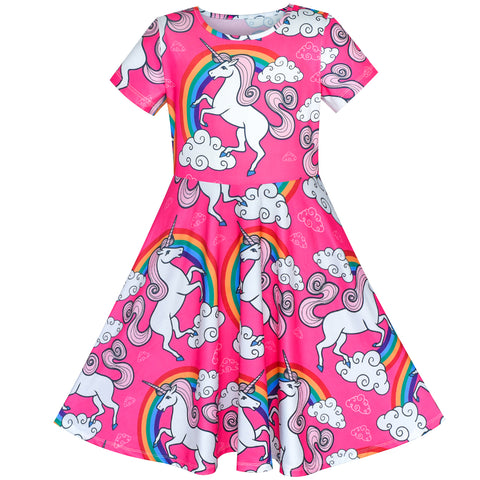 Girls Dress Unicorn Rainbow Short Sleeve Casual Dress Size 6-12 Years