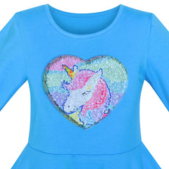 Girls Dress Cotton Blue Unicorn Sequin Long Sleeve Casual Size 4-8 Years
