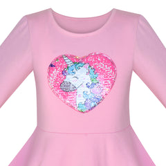 Girls Dress Cotton Pink Unicorn Sequin Long Sleeve Casual Size 4-8 Years