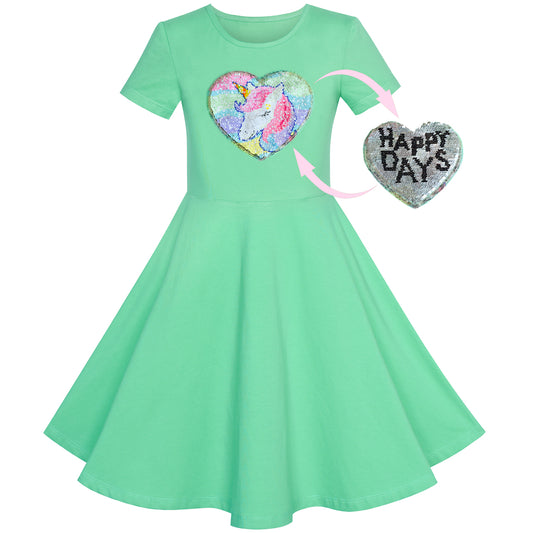 Girls Dress Cotton Unicorn Sequin Short Sleeve Casual Size 3-12 Years