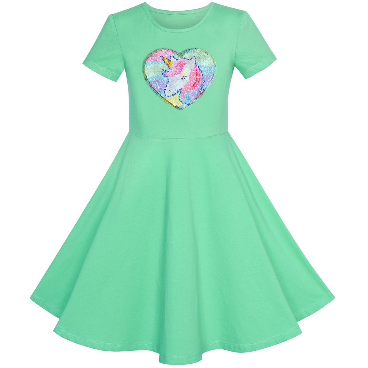 Girls Dress Cotton Unicorn Sequin Short Sleeve Casual Size 3-12 Years