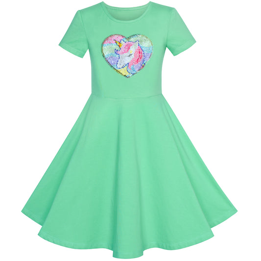 Girls Dress Cotton Unicorn Sequin Short Sleeve Casual Size 3-12 Years