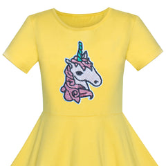 Girls Dress Cotton Yellow Unicorn Sequin Short Sleeve Casual Size 4-8 Years