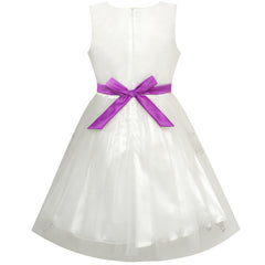 Girls Dress Bow Tie Purple White Color Contrast Lace Flower Size 6-12 Years