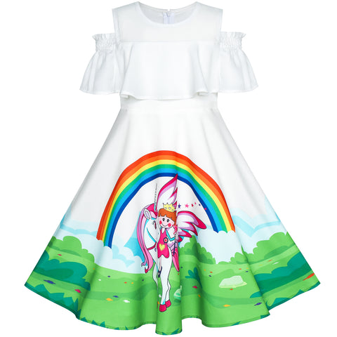 Girls Dress Unicorn Rainbow Cold Shoulder Halloween Costume Size 4-8 Years