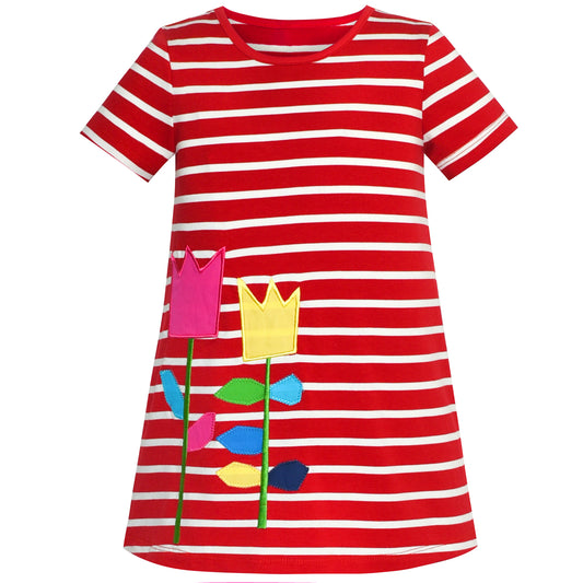 Girls Dress Flower Embroidered Stripe Short Sleeve Size 2-12 Years