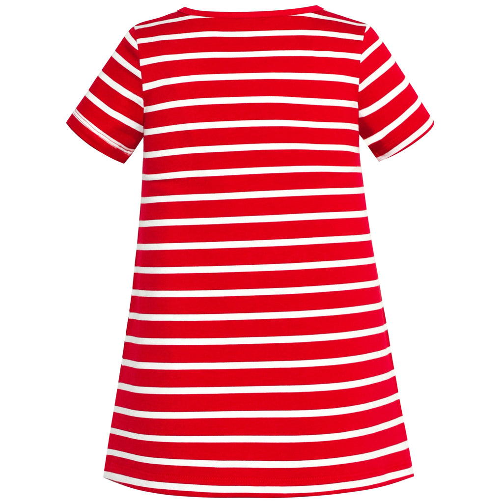 Girls Dress Flower Embroidered Red Stripe Short Sleeve – Sunny Fashion