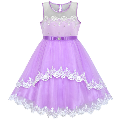 Flower Girls Dress Purple Lace Belted Wedding Party Size 4-12 Years