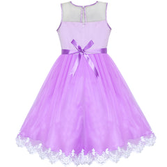 Flower Girls Dress Purple Lace Belted Wedding Party Size 4-12 Years